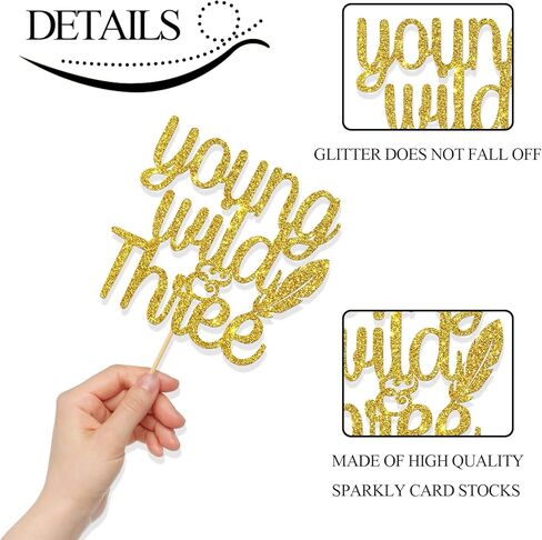 Gold Glitter Young Wild & Three Cake Topper - Children's 3rd Birthday - Three Theme Birthday Anniversary Party Decoration in Kuwait