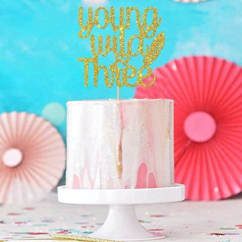 Gold Glitter Young Wild & Three Cake Topper - Children's 3rd Birthday - Three Theme Birthday Anniversary Party Decoration in Kuwait
