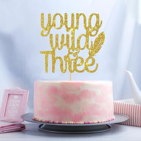 Gold Glitter Young Wild & Three Cake Topper - Children's 3rd Birthday - Three Theme Birthday Anniversary Party Decoration in Kuwait