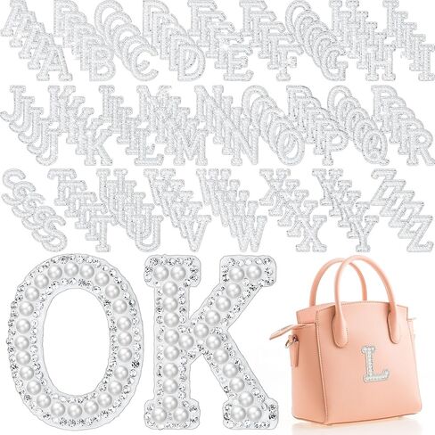 130 قطعة من رقع حجر الراين واللؤلؤ على الكي من جليتينسيل، رقع حروف لامعة مزينة باللؤلؤ مزينة بالكي على الحروف الابجدية الانجليزية من A-Z لاصلاح الحرف اليدوية in Kuwait