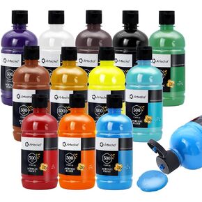 Artecho 12 Colors Large Bulk Acrylic Paint Set (500ml/17oz) Bottles, Art Craft Paint for Art Supplies, Canvas, Rocks, Wood, Fabric, Ceramic, Non Toxic Paint for Artists and Adults