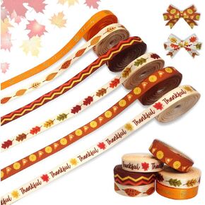 Estivaux 6 PCS Thanksgiving Fall Ribbons for Crafting, 3/8'' Width Pumpkin Ribbons Orange Satin Ribbon Metallic Words Maple Leaves Craft Ribbons for Gift Wrapping Fall Thanksgiving Decorations