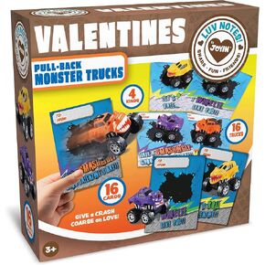 JOYIN 16 Pack Valentines Day Gift Cards With Gift Pull Back Monster Truck Toys for Valentine's Classroom Exchange Prizes Valentine Party Favor Toys in Kuwait