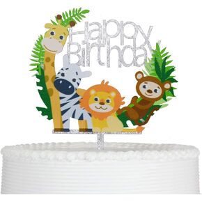 زينة حفلات الأطفال من الأكريليك مطبوع عليها Happy Birthday Cartoon Animals لتزيين حفلات الأطفال باللون الفضي اللامع