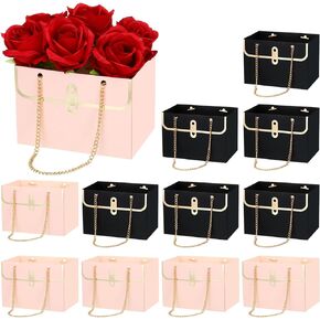 PATIKIL Paper Flower Gift Bags, 12 Pcs Paper Bouquet Flower Gift Bag with Handle Rectangle Metal Chain Tote for Florist Wedding Party Birthdays, Pink & Black