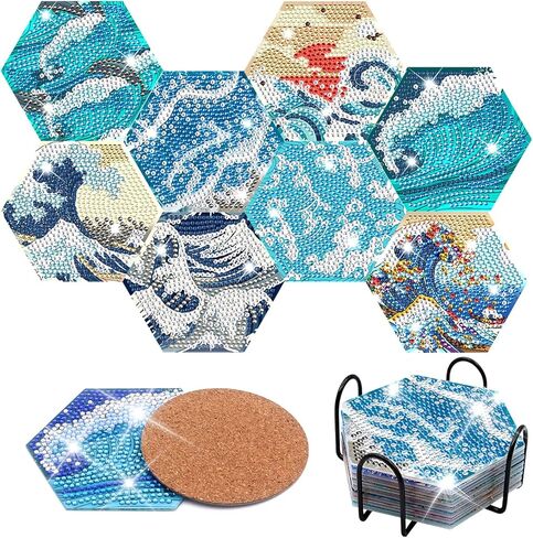 8 قطع من قواعد الاكواب الفنية الماسية مع حامل من كيه جيه ام واي واي اكس جي اس، مجموعة قواعد اكواب فنية للرسم الماسي بنمط المحيط مع قاعدة من الفلين، مجموعة قواعد اكواب للرسم الفني المنقط للبالغين in Kuwait