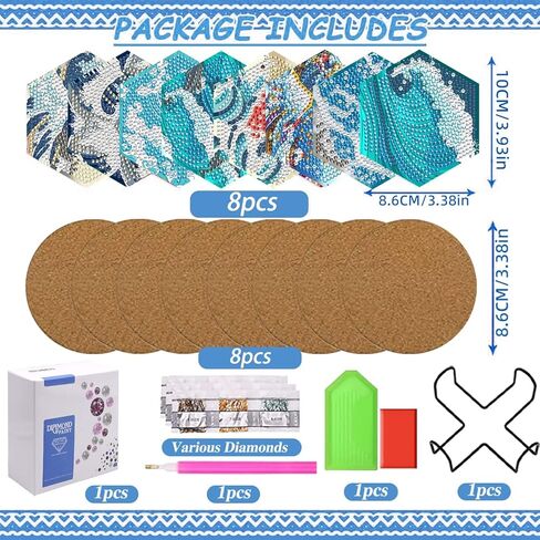 8 قطع من قواعد الاكواب الفنية الماسية مع حامل من كيه جيه ام واي واي اكس جي اس، مجموعة قواعد اكواب فنية للرسم الماسي بنمط المحيط مع قاعدة من الفلين، مجموعة قواعد اكواب للرسم الفني المنقط للبالغين in Kuwait