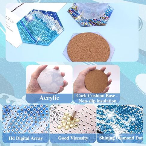 8 قطع من قواعد الاكواب الفنية الماسية مع حامل من كيه جيه ام واي واي اكس جي اس، مجموعة قواعد اكواب فنية للرسم الماسي بنمط المحيط مع قاعدة من الفلين، مجموعة قواعد اكواب للرسم الفني المنقط للبالغين in Kuwait