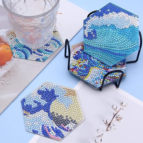 8 قطع من قواعد الاكواب الفنية الماسية مع حامل من كيه جيه ام واي واي اكس جي اس، مجموعة قواعد اكواب فنية للرسم الماسي بنمط المحيط مع قاعدة من الفلين، مجموعة قواعد اكواب للرسم الفني المنقط للبالغين in Kuwait