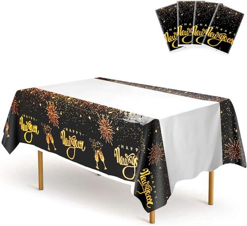 مفرش المائدة 4 قطع من Udefineit، غطاء طاولة بلاستيكي للاستعمال مرة واحدة لحفلة رأس السنة الجديدة، لوازم حفلات ولائم مستطيلة، ذهبي لامع وديكورات السنة الجديدة السعيدة in Kuwait