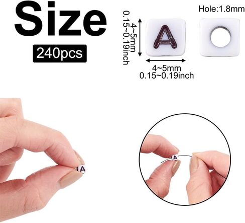 240pcs Opaque Acrylic Letter E Cube Beads White Plastic Alphabet Loose Spacer Square Beads 4-5mm for DIY Name Bracelet Necklace Jewelry Crafts Making Hole: 1.8mm in Kuwait