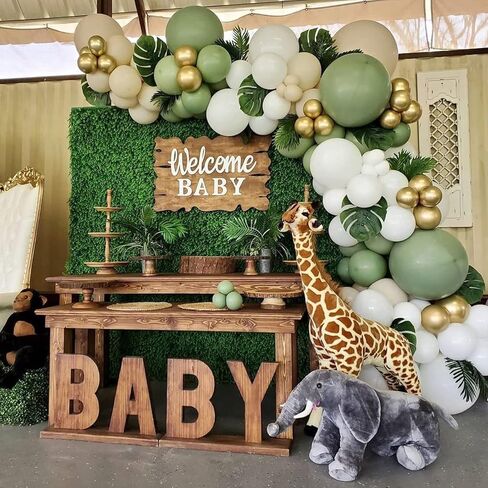 DBKL 158Pcs Sage Green Balloon Garland Arch Kit - Balloon Arch With Sage Green, White, Sand White and Gold Latex Balloons Arch Kit for Forest Safari Jungle Tropical Theme Decorations in Kuwait