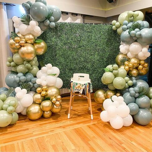 DBKL 158Pcs Sage Green Balloon Garland Arch Kit - Balloon Arch With Sage Green, White, Sand White and Gold Latex Balloons Arch Kit for Forest Safari Jungle Tropical Theme Decorations in Kuwait