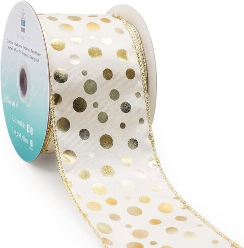 CT CRAFT LLC شريط سلكي من الساتان العاجي مع نقاط برونزية - 2.5 بوصة × 10 ياردات - عاجي/ذهبي لديكور المنزل في عيد الميلاد، وتغليف الهدايا، وصناعة القوس، وإكليل الزهور، والحرف اليدوية اليدوية in Kuwait