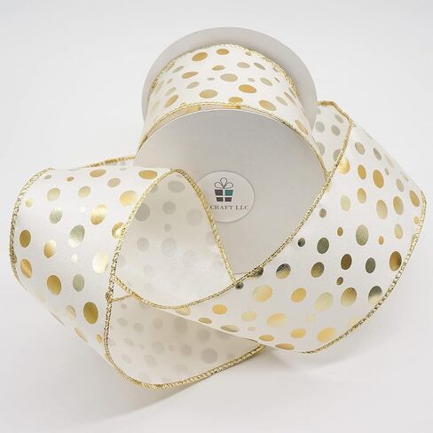 CT CRAFT LLC شريط سلكي من الساتان العاجي مع نقاط برونزية - 2.5 بوصة × 10 ياردات - عاجي/ذهبي لديكور المنزل في عيد الميلاد، وتغليف الهدايا، وصناعة القوس، وإكليل الزهور، والحرف اليدوية اليدوية in Kuwait