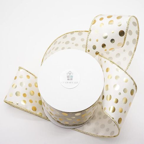 CT CRAFT LLC شريط سلكي من الساتان العاجي مع نقاط برونزية - 2.5 بوصة × 10 ياردات - عاجي/ذهبي لديكور المنزل في عيد الميلاد، وتغليف الهدايا، وصناعة القوس، وإكليل الزهور، والحرف اليدوية اليدوية in Kuwait