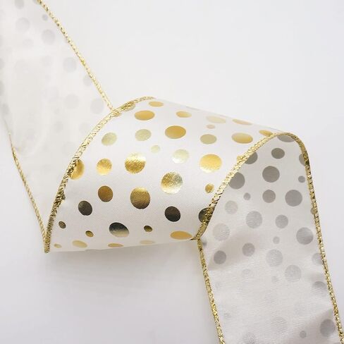 CT CRAFT LLC شريط سلكي من الساتان العاجي مع نقاط برونزية - 2.5 بوصة × 10 ياردات - عاجي/ذهبي لديكور المنزل في عيد الميلاد، وتغليف الهدايا، وصناعة القوس، وإكليل الزهور، والحرف اليدوية اليدوية in Kuwait