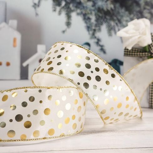 CT CRAFT LLC شريط سلكي من الساتان العاجي مع نقاط برونزية - 2.5 بوصة × 10 ياردات - عاجي/ذهبي لديكور المنزل في عيد الميلاد، وتغليف الهدايا، وصناعة القوس، وإكليل الزهور، والحرف اليدوية اليدوية in Kuwait