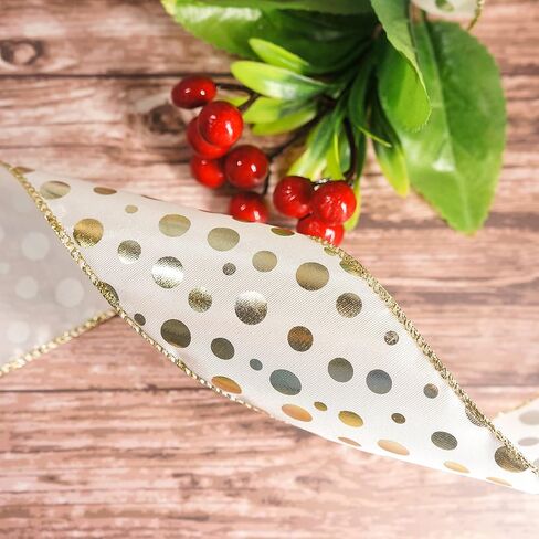 CT CRAFT LLC شريط سلكي من الساتان العاجي مع نقاط برونزية - 2.5 بوصة × 10 ياردات - عاجي/ذهبي لديكور المنزل في عيد الميلاد، وتغليف الهدايا، وصناعة القوس، وإكليل الزهور، والحرف اليدوية اليدوية in Kuwait