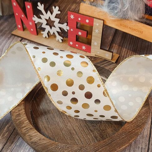 CT CRAFT LLC شريط سلكي من الساتان العاجي مع نقاط برونزية - 2.5 بوصة × 10 ياردات - عاجي/ذهبي لديكور المنزل في عيد الميلاد، وتغليف الهدايا، وصناعة القوس، وإكليل الزهور، والحرف اليدوية اليدوية in Kuwait