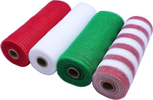 10 inch x 30 feet Each Roll-YYCRAFT Christmas Decorative Metallic Foil Poly Mesh-4 Rolls for Crafting Wire Wreath Making Craft(Red, White, Emerald Green, Red/White) in Saudi Arabia