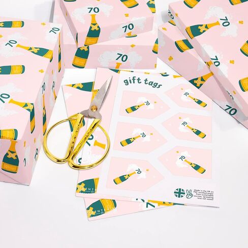 CENTRAL 23 Pink Gift Wrap - 6 Sheets of Cute Gift Wrap and Tags - 70th Birthday Gift for Women Her - Grandma Auntie Mom - Age 70 - Champagne - Comes with Fun Stickers in Saudi Arabia