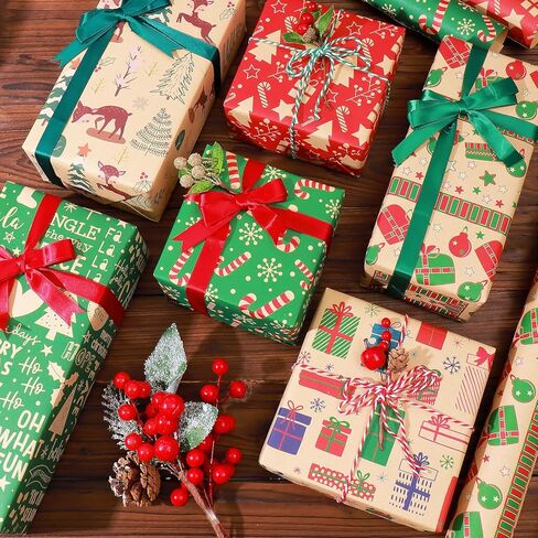 ورق تغليف عيد الميلاد من كيستار، مجموعة ورق تغليف عيد الميلاد المسطحة المكونة من 8 أوراق للأطفال والنساء والرجال، أوراق ورق تغليف الهدايا المعاد تدويرها لحفلة عيد الميلاد وعطلة رأس السنة الجديدة، مقاس 20 × 28 بوصة لكل منها in Kuwait