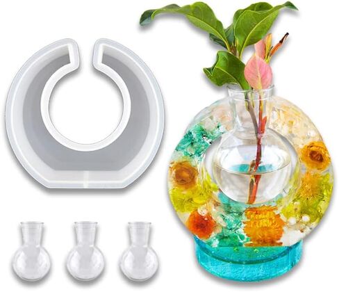 Playing Mold Ellipse Vase Holder Resin Molds Silicone for Vase, with 3 Resin Round vases, for DIY Vase Container Home Office Desktop Decoration Crafts in Kuwait