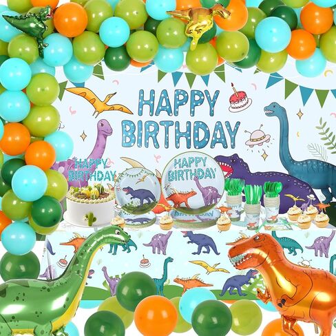 294PCS Dinosaur Birthday Party Supplies - Complete Kids Dinosaur Party Decorations Set with Dinosaur Backdrop, Tablecloth, Plates, Cups, Cutlery, Balloon Arch, Decorations, and Stickers in Kuwait