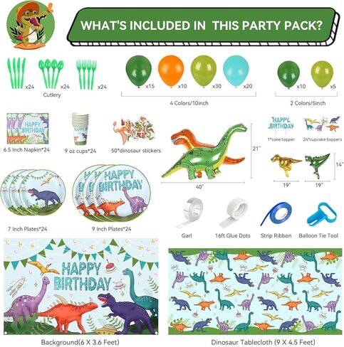 294PCS Dinosaur Birthday Party Supplies - Complete Kids Dinosaur Party Decorations Set with Dinosaur Backdrop, Tablecloth, Plates, Cups, Cutlery, Balloon Arch, Decorations, and Stickers in Kuwait