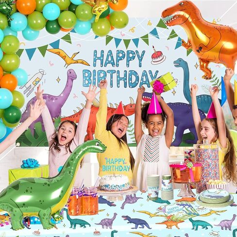 294PCS Dinosaur Birthday Party Supplies - Complete Kids Dinosaur Party Decorations Set with Dinosaur Backdrop, Tablecloth, Plates, Cups, Cutlery, Balloon Arch, Decorations, and Stickers in Kuwait