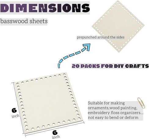 20 Pack Basswood Sheets for Crafts 6 x 6 inch Unfinished Blank Wooden Square Slice Wooden Cutouts with Holes for Laser Cutting, Wood Burning, Door Hanger, Architectural Models in Kuwait