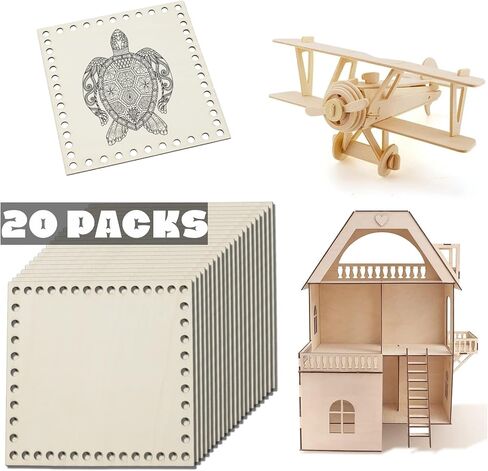 20 Pack Basswood Sheets for Crafts 6 x 6 inch Unfinished Blank Wooden Square Slice Wooden Cutouts with Holes for Laser Cutting, Wood Burning, Door Hanger, Architectural Models in Kuwait