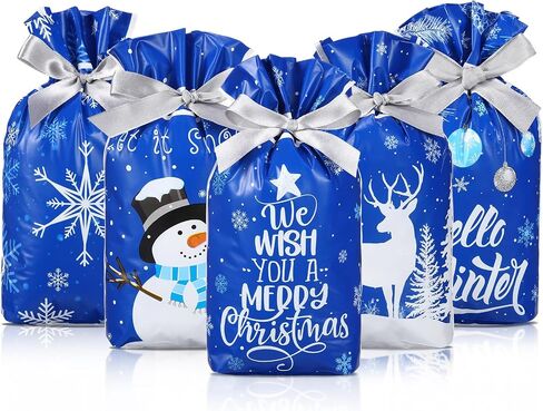 Pasimy 100 Pcs Christmas Gift Bags Christmas Plastic Treat Bags Winter Drawstring Goody Bags Xmas Plastic Goodies Bags Blue Snowflake Snowman Candy Bags for Xmas Party Favors Decorations Supplies in Saudi Arabia