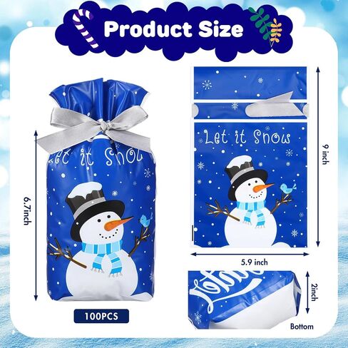 Pasimy 100 Pcs Christmas Gift Bags Christmas Plastic Treat Bags Winter Drawstring Goody Bags Xmas Plastic Goodies Bags Blue Snowflake Snowman Candy Bags for Xmas Party Favors Decorations Supplies in Saudi Arabia