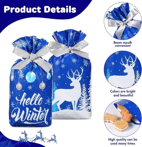 Pasimy 100 Pcs Christmas Gift Bags Christmas Plastic Treat Bags Winter Drawstring Goody Bags Xmas Plastic Goodies Bags Blue Snowflake Snowman Candy Bags for Xmas Party Favors Decorations Supplies in Saudi Arabia
