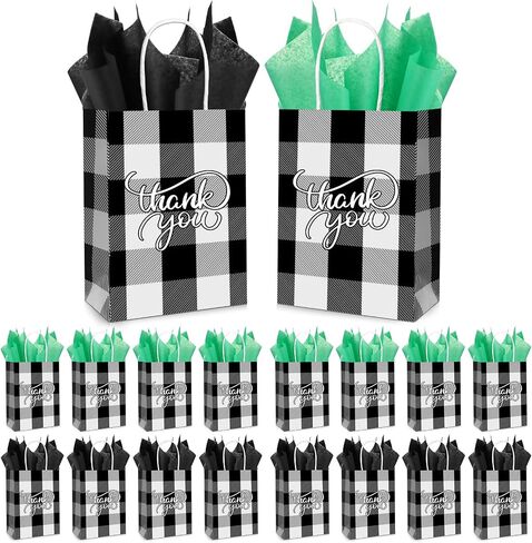 Cholemy 50 Pcs Christmas Buffalo Plaid Bags with 50 Sheets Tissue Paper 8.3 x 5.9 x 3.15 Inch Xmas Thank You Gift Bags Kraft Paper Bags Holiday Gift Wrapping for Christmas Party (Black White Plaid) in Saudi Arabia
