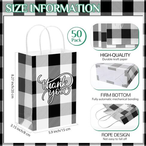 Cholemy 50 Pcs Christmas Buffalo Plaid Bags with 50 Sheets Tissue Paper 8.3 x 5.9 x 3.15 Inch Xmas Thank You Gift Bags Kraft Paper Bags Holiday Gift Wrapping for Christmas Party (Black White Plaid) in Saudi Arabia