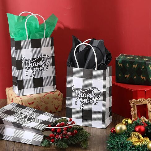 Cholemy 50 Pcs Christmas Buffalo Plaid Bags with 50 Sheets Tissue Paper 8.3 x 5.9 x 3.15 Inch Xmas Thank You Gift Bags Kraft Paper Bags Holiday Gift Wrapping for Christmas Party (Black White Plaid) in Saudi Arabia