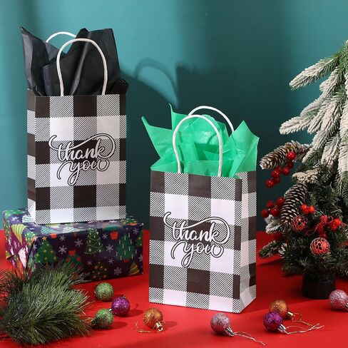 Cholemy 50 Pcs Christmas Buffalo Plaid Bags with 50 Sheets Tissue Paper 8.3 x 5.9 x 3.15 Inch Xmas Thank You Gift Bags Kraft Paper Bags Holiday Gift Wrapping for Christmas Party (Black White Plaid) in Saudi Arabia