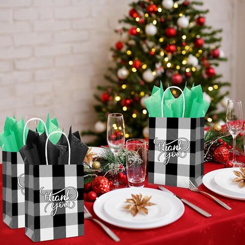 Cholemy 50 Pcs Christmas Buffalo Plaid Bags with 50 Sheets Tissue Paper 8.3 x 5.9 x 3.15 Inch Xmas Thank You Gift Bags Kraft Paper Bags Holiday Gift Wrapping for Christmas Party (Black White Plaid) in Saudi Arabia