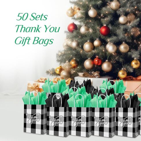 Cholemy 50 Pcs Christmas Buffalo Plaid Bags with 50 Sheets Tissue Paper 8.3 x 5.9 x 3.15 Inch Xmas Thank You Gift Bags Kraft Paper Bags Holiday Gift Wrapping for Christmas Party (Black White Plaid) in Saudi Arabia