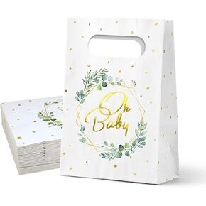 WEEPA 24 Pcs Greenery Eucalyptus Oh Baby Paper Gift Bags Neutral Baby Shower Paper Sack White Kraft Paper Bags, 5.5 * 2.5 * 8.5 inch in Kuwait