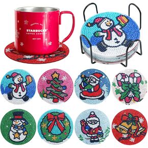 8 Pcs Christmas Diamond Painting Coasters 5D DIY Diamond Art Painting Coasters With Holder Christmas Tree Diamond Drawing Drinks Coasters With Cork Coaster for Table Desk in Kuwait