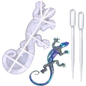 قوالب راتنج ايبوكسي على شكل سحلية مع قطارتين، اشكال سحلية واقعية ثلاثية الابعاد من السيليكون لراتنج الايبوكسي وسطح المكتب والخزائن وديكور يدوي الصنع والصابون والشوكولاتة والحلوى in Kuwait