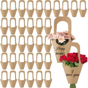 Retainbre 50 PCS Kraft Flower Bouquet Bags Brown Floral Wrapping Paper Bags Kraft Floral Gift Bags with Handle for Wedding Graduation Party Thanksgiving Christmas in Kuwait
