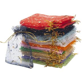 100 Pcs Sheer Organza Bags with Drawstring Gold Star Moon Print Gift Jewelry Pouches for Wedding Party Christmas Favor Gift Sachet Bags