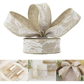 HUIHUANG Burlap Ribbon with Lace Wired Ribbon White Lace Jute Burlap Ribbon for Wreaths Rustic Crafts Bows Making Home Decor Gift Wrapping Wedding Decor Baby Shower Diaper Cake -2.5 inch x 10 Yards
