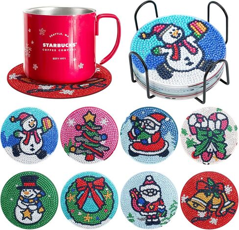 8 Pcs Christmas Diamond Painting Coasters 5D DIY Diamond Art Painting Coasters With Holder Christmas Tree Diamond Drawing Drinks Coasters With Cork Coaster for Table Desk in Kuwait