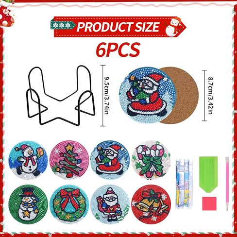 8 Pcs Christmas Diamond Painting Coasters 5D DIY Diamond Art Painting Coasters With Holder Christmas Tree Diamond Drawing Drinks Coasters With Cork Coaster for Table Desk in Kuwait